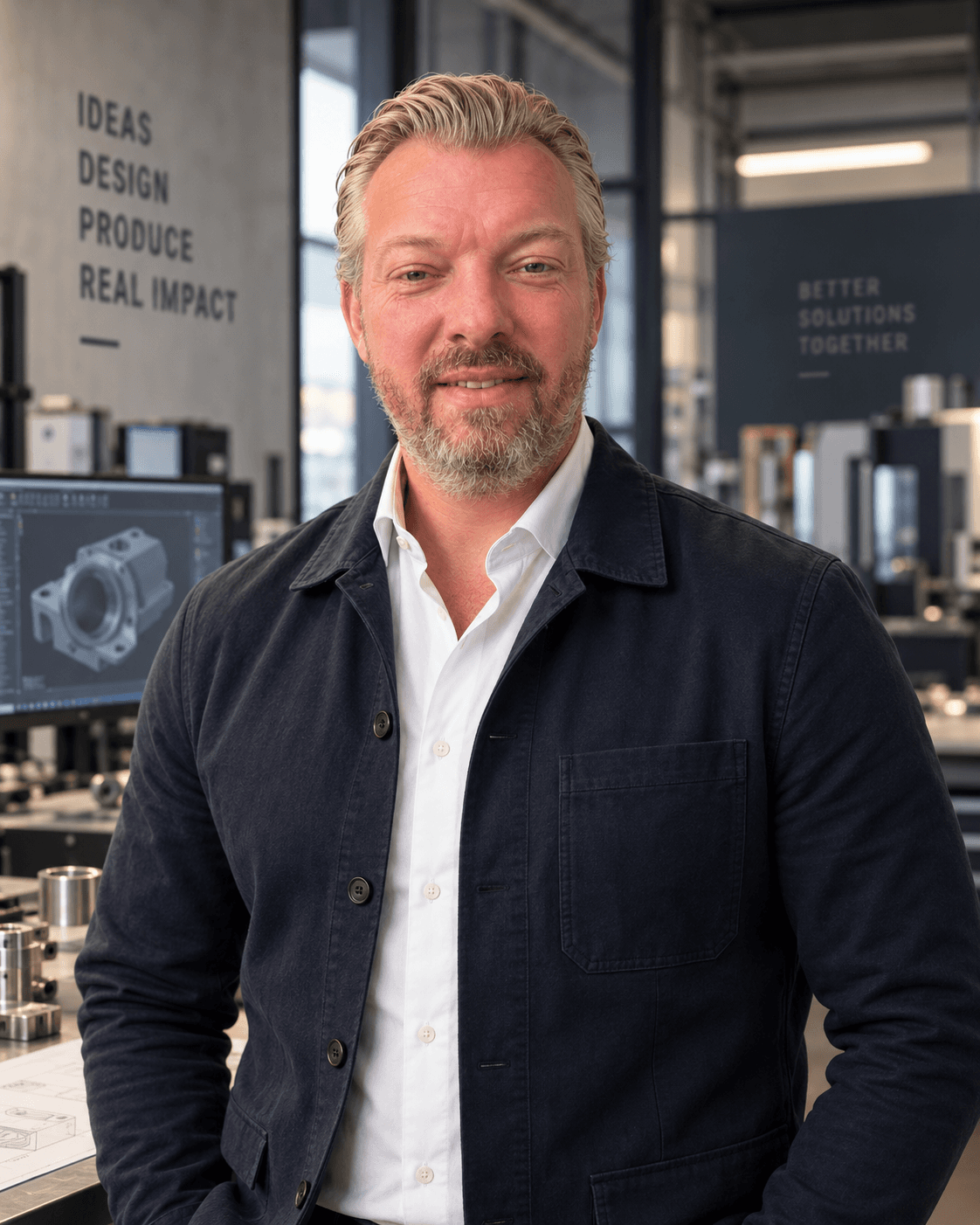 Richard Bruijn, oprichter van Draftelligence, in een engineeringwerkplaats met een CAD-model op het scherm