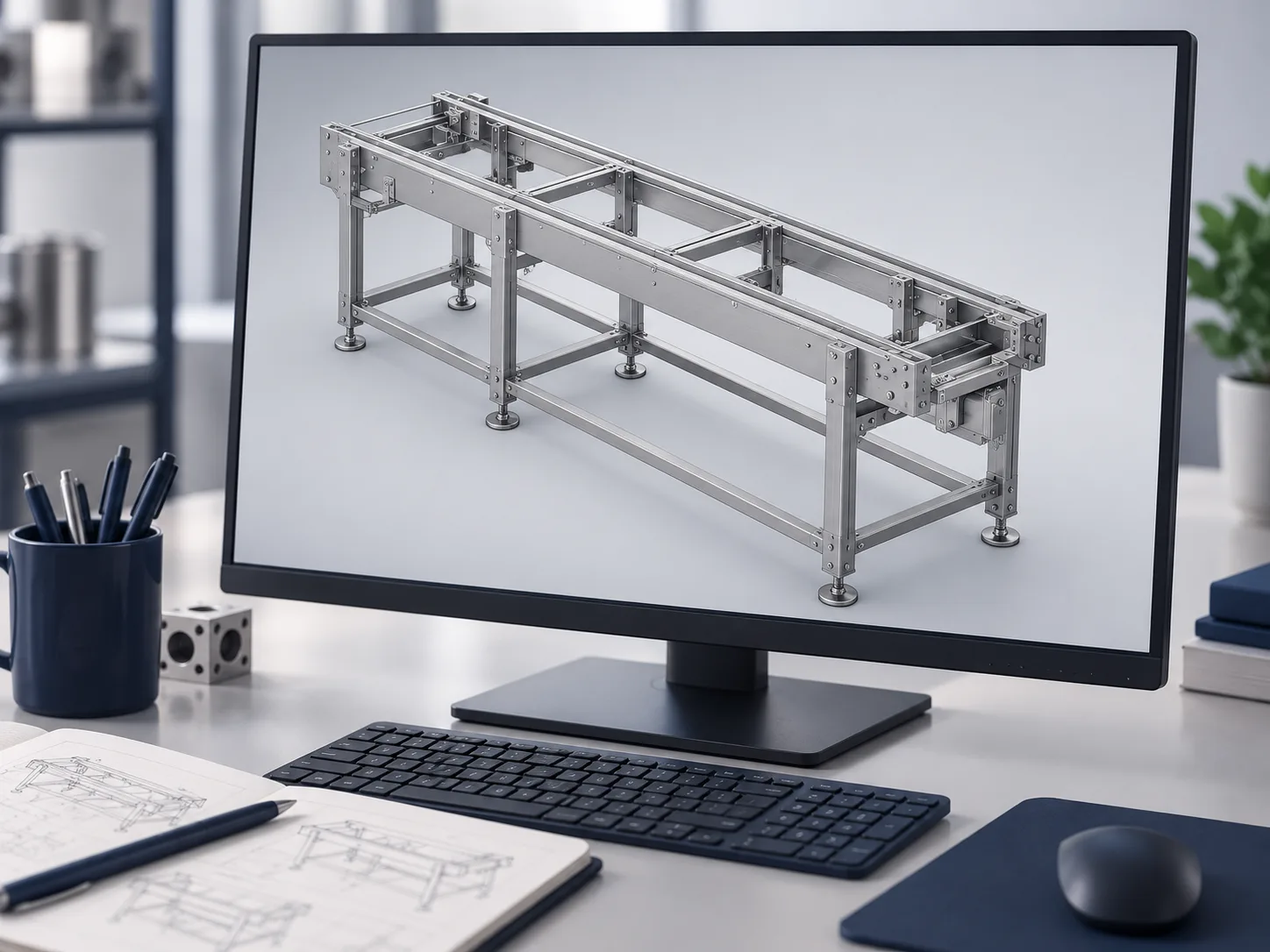 The same conveyor frame as a 3D CAD model on a monitor