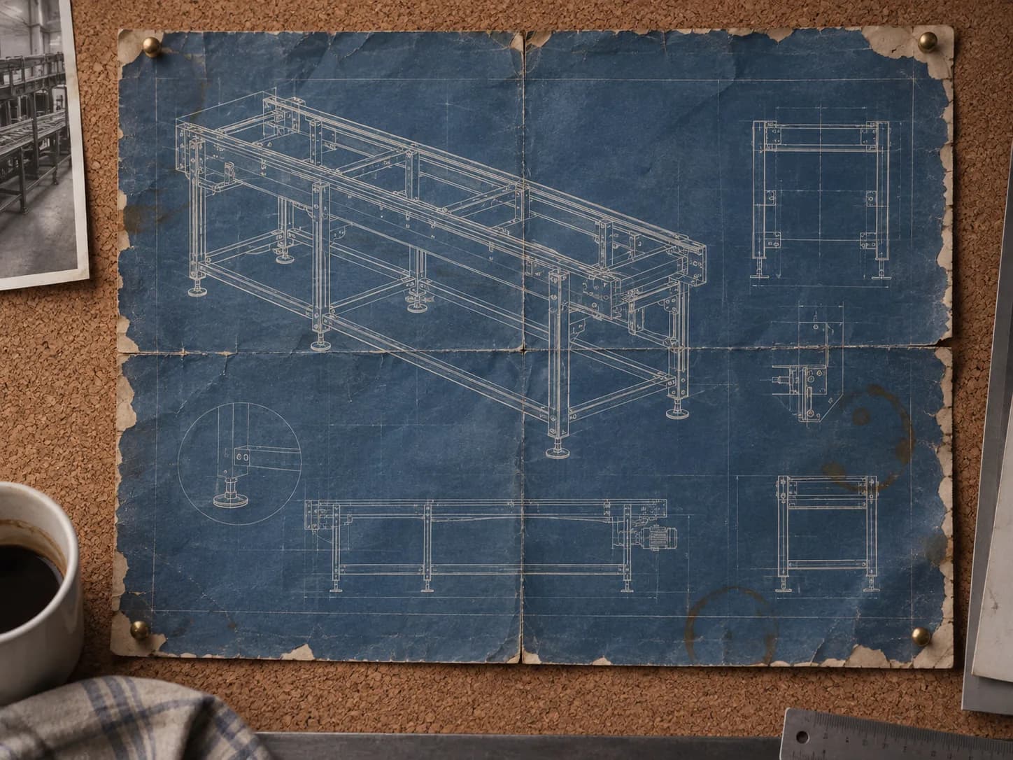 Oude blauwdruk van een transportbandframe, geprikt op een prikbord