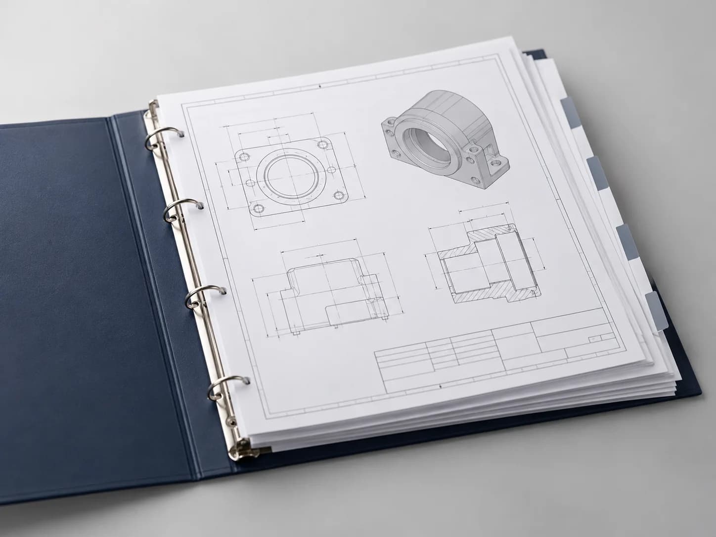 Binder with production drawings of the bearing housing, showing views and a section