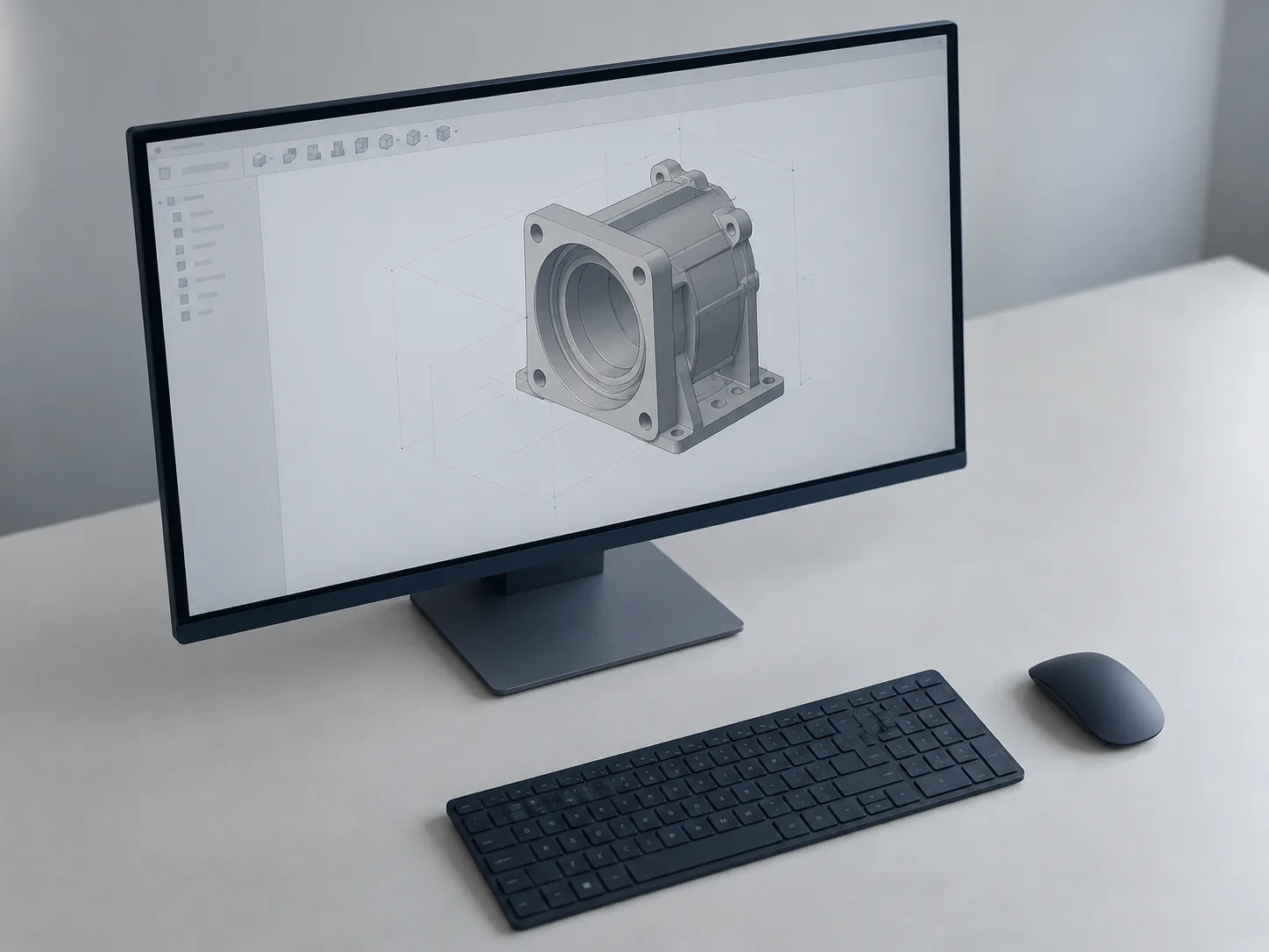 3D model of a bearing housing in CAD software on a monitor
