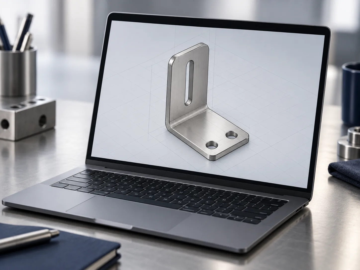 The same angle bracket as a 3D CAD model on a laptop screen
