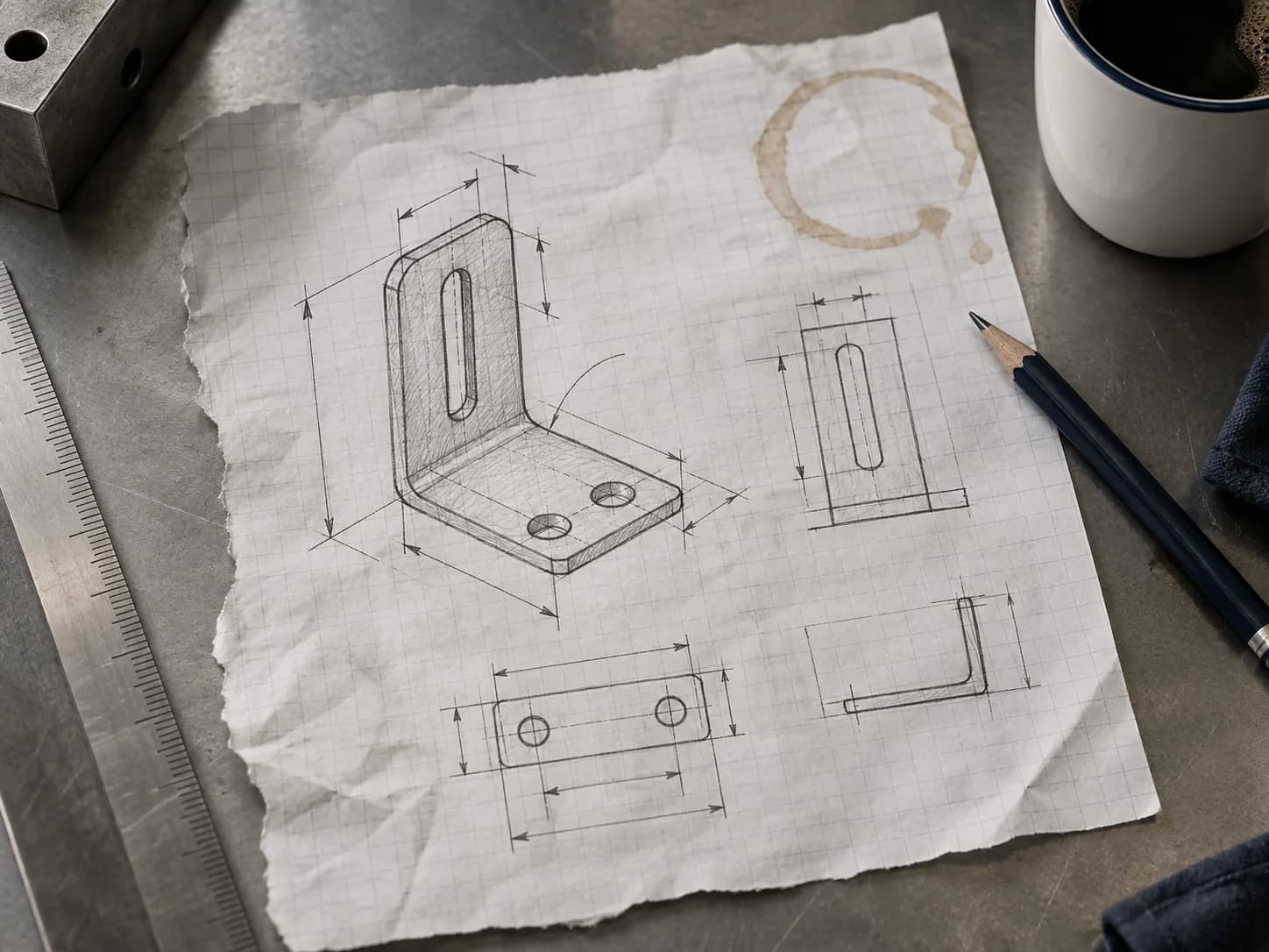 Hand sketch of an angle bracket with dimension lines on grid paper